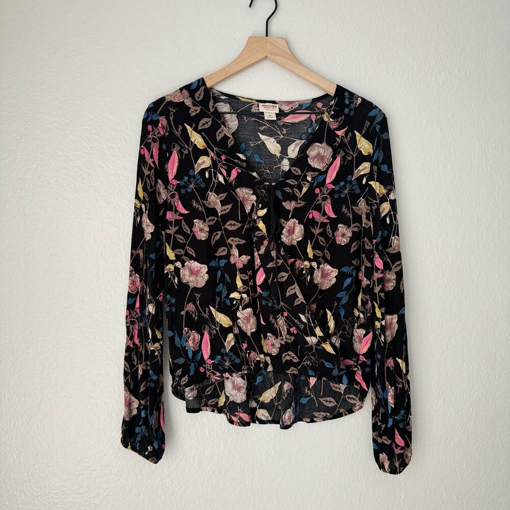 Mossimo Supply Women's Floral Longsleeve Blouse Black Multicolor Top Size Medium